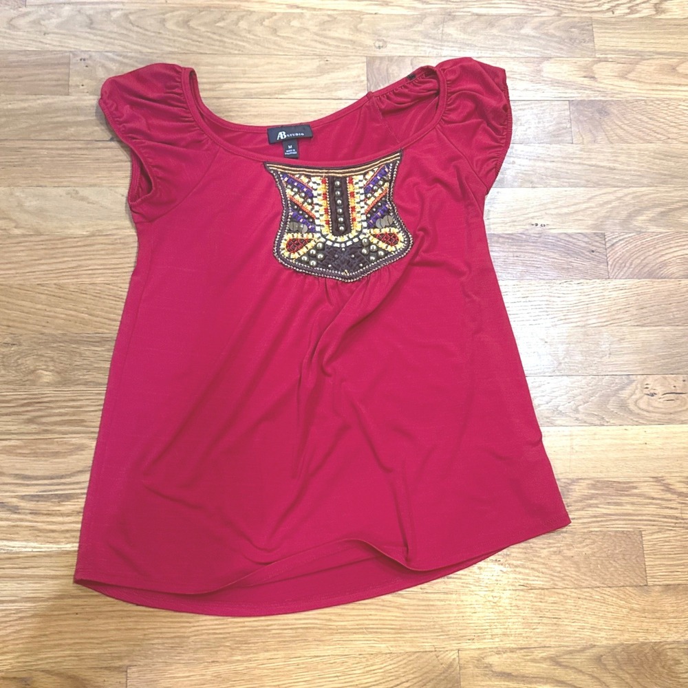 AB‎ Studio Red Cap Sleeve Beaded Embroidered Bib Neckline Top Blouse Medium